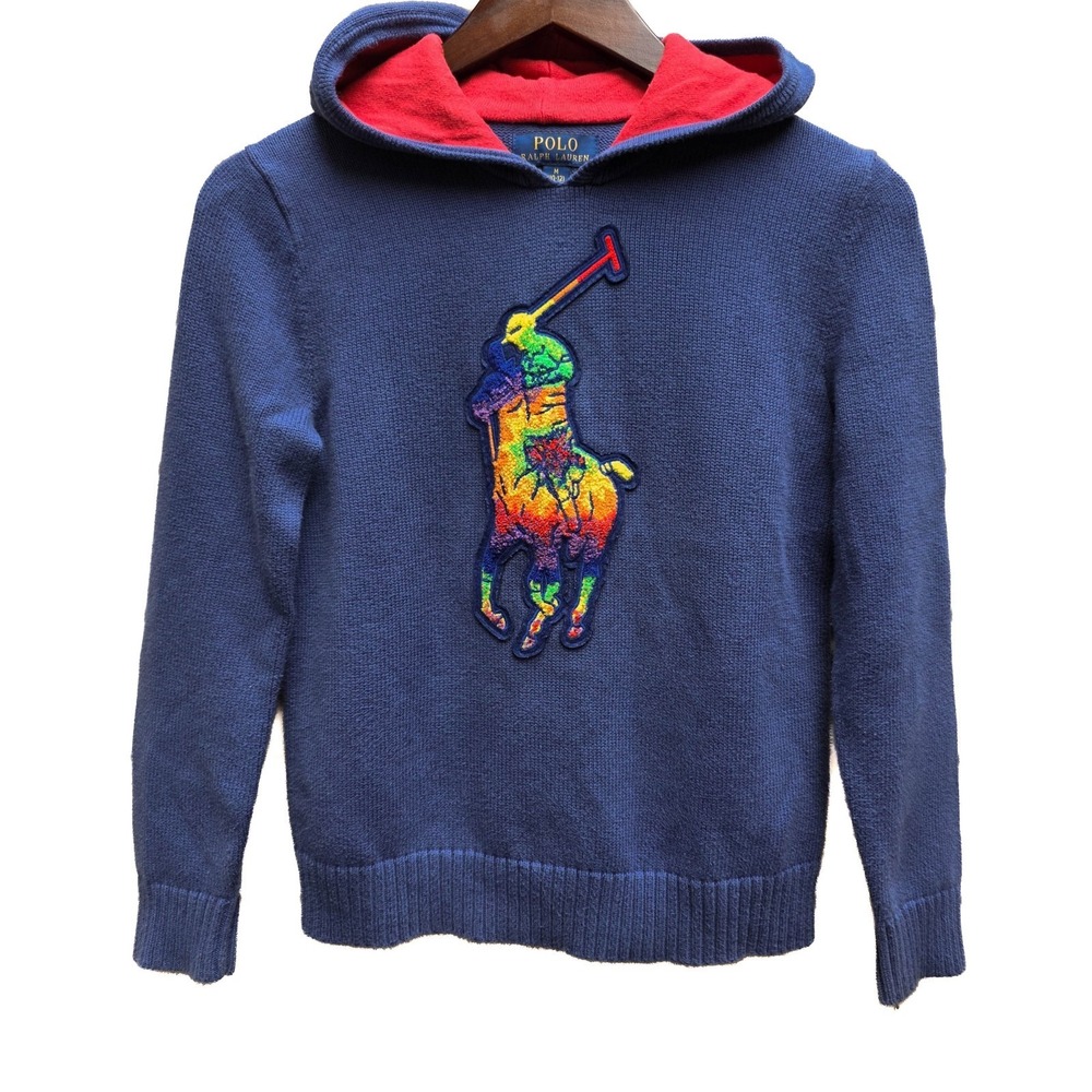 Polo Ralph Lauren Tie-Dye Big Pony Hooded Sweater Kids M 10-12 Blue Cotton